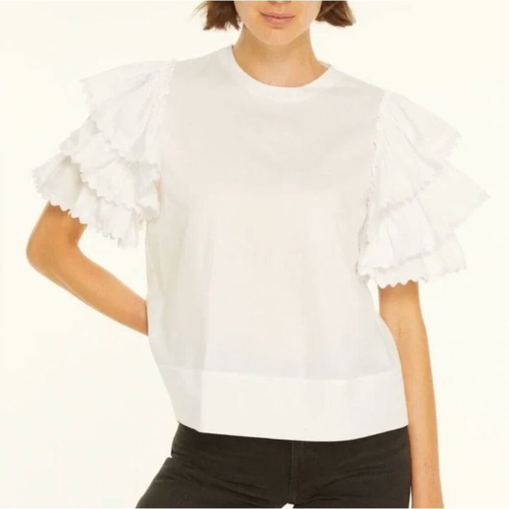 NWT Harshman Juliette Ruffle Sleeve Blouse Cotton White Size Large $228 [jb]